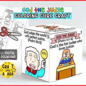 May include: A white paper cube craft featuring black and white line art illustrations and text including God the Judge, Psalm 9:7-8, and God judges the world with perfect justice. The cube displays cartoon characters and a gavel, with a printable sheet.