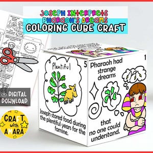 Puede incluir: Un cubo de manualidades para colorear blanco con ilustraciones y texto sobre José interpretando los sueños del Faraón. El cubo presenta dibujos de un animal amarillo, plantas y una persona con una cofia morada y amarilla. El texto incluye "Plentiful" y "Pharaoh had strange dreams."