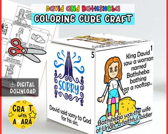 May include: A white cube craft with illustrations and text about David and Bathsheba. The cube features the text "COLORING CUBE CRAFT" and "SORRY". One side shows an illustration of Bathsheba bathing. Includes a "DIGITAL DOWNLOAD" option.