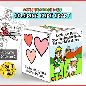 Puede incluir: Un cubo de colorear blanco con ilustraciones y texto sobre David, incluyendo un pastor con un cayado y una oveja. El cubo tiene el texto "David Becomes King Coloring Cube Craft" y "He ruled with courage and love for God."