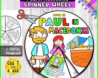May include: A colorful "Paul in Macedonia" spinner wheel with illustrations and text. The wheel features cartoon figures, a boat, and the text "Acts 16". The words "Spinner Wheel" and "Digital Download" are also visible.