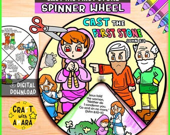 Cast the First Stone Spinner Coloring Wheel Craft, Bible Activity, Kids Bible Story Lesson, Sunday School, Memory Game, Christian Homeschool