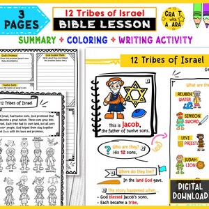 May include: A Bible lesson printable with the title "12 Tribes of Israel." The pages include a summary, coloring activities, and writing prompts. The image features illustrations of Jacob and his twelve sons, with text labels.