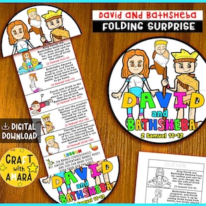 May include: A colorful folding surprise craft featuring the story of David and Bathsheba. The design includes illustrated characters, text from 2 Samuel 11-12, and the words "David and Bathsheba" in large, colorful letters. The craft is a digital download.