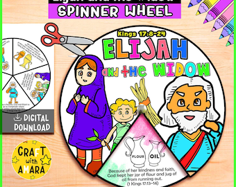 Rueda para colorear de Elías y la viuda, actividad bíblica, estudio de lecciones bíblicas para niños, manualidad para la escuela dominical, historia bíblica, juegos de memoria
