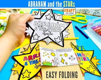May include: A paper craft activity featuring star-shaped cutouts with the text ABRAHAM & THE STARS and Genesis 15:5. The project includes a small folded booklet with illustrations of stars and a figure, alongside yellow star templates.