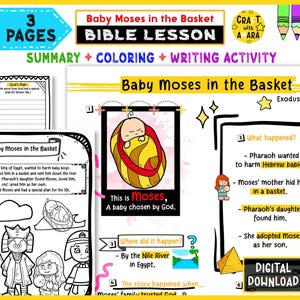 May include: A colorful Bible lesson plan titled "Baby Moses in the Basket" with summary, coloring, and writing activities. The image includes illustrations of Moses in a basket, the Nile River, and related text.