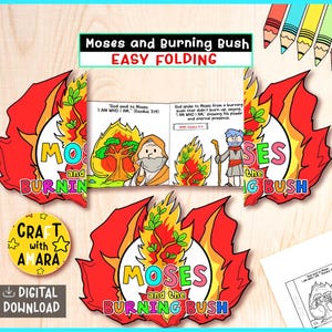 Puede incluir: Un proyecto de manualidades colorido titulado "Moisés y la zarza ardiente" con el texto "Fácil de plegar". El diseño presenta ilustraciones de Moisés, una zarza ardiente y texto bíblico relacionado. Una pegatina redonda dice "Craft with Amara" y "Descarga digital."