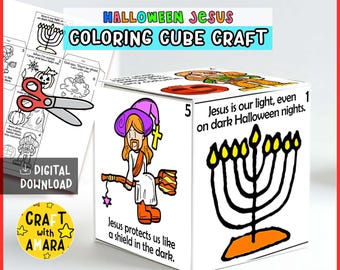 HALLOWEEN Jesus Coloring Cube Craft: Jesus Loves Us, Bible Lesson Study Sunday School Church Activity, Christian Praise God, Memory Game