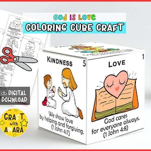 以下が含まれることがあります： 「God is Love Coloring Cube Craft」の文字が入った白いキューブクラフト。愛、優しさ、信仰に関するイラストとテキストが特徴です。デジタルダウンロードとハサミが含まれています。