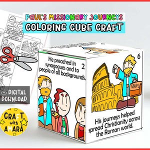 May include: A colorful cube craft with illustrations and text about Paul's missionary journeys. The cube features images of people, buildings, and text that reads "He preached in synagogues and to people of all backgrounds."