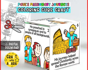 May include: A colorful cube craft with illustrations and text about Paul's missionary journeys. The cube features images of people, buildings, and text that reads "He preached in synagogues and to people of all backgrounds."