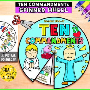 Könnte beinhalten: Ein farbenfrohes Zehn Gebote-Spinner-Rad mit Illustrationen und Text. Das Rad zeigt ein zentrales Design mit den Worten "TEN COMMANDMENTS" und verschiedenen zugehörigen Bildern. Enthält ein kleineres Rad mit Geboten und dem Text "DIGITAL DOWNLOAD".