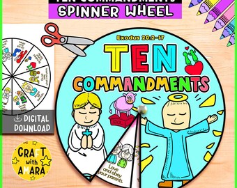 Puede incluir: Una colorida rueda giratoria de los Diez Mandamientos con ilustraciones y texto. La rueda presenta un diseño central con las palabras "TEN COMMANDMENTS" y varias imágenes relacionadas. Incluye una rueda más pequeña con los mandamientos y el texto "DIGITAL DOWNLOAD".