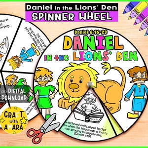 May include: A colorful "Daniel in the Lions' Den" spinner wheel with illustrations of Daniel, lions, and Bible verses. The design includes the text "Daniel in the Lions' Den" and "Spinner Wheel". A pair of scissors and colored pencils are also visible.