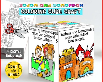 May include: A white cube craft with illustrations and text about Sodom and Gomorrah. The cube features colorful drawings of people, buildings, and fire. Text includes "Sodom and Gomorrah" and "Coloring Cube Craft". A pair of scissors and a "Digital Download" label are also visible.