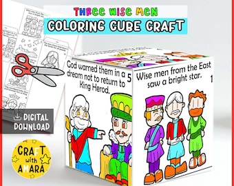May include: A coloring cube craft featuring the text "Three Wise Men Coloring Cube Craft." The cube has illustrations of the wise men and related scenes. The words "Digital Download" and "Craft with Amara" are also visible.
