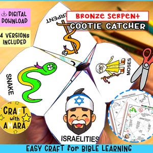 Può includere: Un gioco di indovinelli di carta piegata con illustrazioni di un serpente, Mosè e un israelita. Il testo include "Bronze Serpent+ Cootie Catcher", "Download digitale" e "Easy Craft for Bible Learning". Sono visibili anche delle forbici.