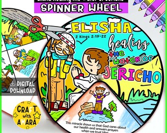 Może przedstawiać: Kolorowe koło spinnera z napisem "Elisha Healing the Water of Jericho". Koło zawiera kreskówkowe ilustracje postaci biblijnych i tekst z 2 Księgi Królewskiej 2:19-22. Zawiera tekst "Craft with Amara" i "Digital Download".