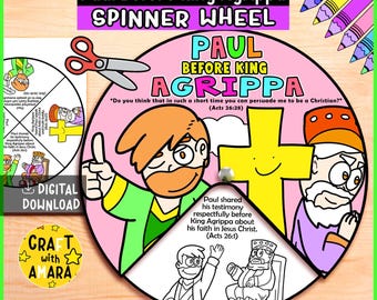 May include: A vibrant spinner wheel featuring the text "Paul Before King Agrippa" and associated illustrations. The wheel includes a quote from Acts 26:28 and a section about Paul's testimony. Includes a pair of red scissors and a digital download label.