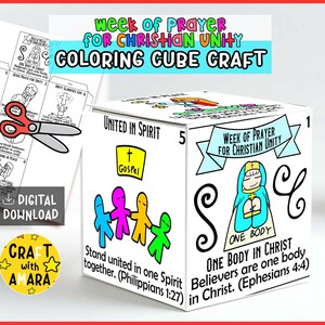 May include: A white coloring cube craft with the text "Week of Prayer for Christian Unity" and "Coloring Cube Craft". The cube features illustrations and Bible verses. A sheet with illustrations and scissors are also visible.