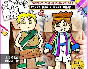 Könnte beinhalten: Ein Bastelprojekt mit Papiertütenpuppen. Die Puppen sind Cartoon-Illustrationen von Joseph, einer mit einem bunten Mantel und die andere in einem grün-braunen Outfit. Der Text "JOSEPH'S COAT OF MANY COLORS PAPER BAG PUPPET CRAFT" wird angezeigt.