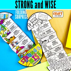 Könnte beinhalten: Zwei faltbare Papierbastelarbeiten mit dem Text „STRONG and WISE“ und Bibelunterrichtsreferenzen. Die Bastelarbeiten zeigen Illustrationen biblischer Figuren wie David, Salomo und Esther. Die Bastelarbeiten sind für Kinder konzipiert.