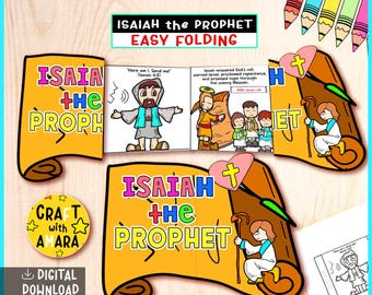 May include: A colorful, illustrated craft project titled "Isaiah the Prophet." The design features a scroll with the title, illustrations of biblical scenes, and the text "Easy Folding." A digital download is available.