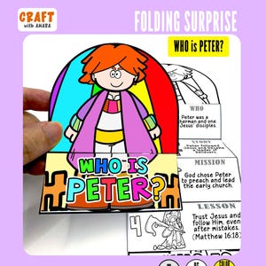 May include: A paper folding craft titled Who is Peter? featuring a cartoon character with orange hair, a purple robe, and a yellow belt. The craft includes text sections labelled Who, Story, Mission, and Lesson, with black and white illustrations.