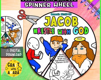 May include: A colorful spinner wheel with the text "Jacob Wrestle with God" and illustrations from Genesis 32:22-32. The wheel features a central pin and a section for cutting with scissors. The words "Digital Download" are also visible.