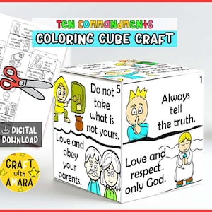 Könnte beinhalten: Ein weißer Würfelbastelartikel mit Illustrationen und Text über die Zehn Gebote. Der Würfel zeigt farbenfrohe Zeichnungen und Sätze wie "Sag immer die Wahrheit" und "Nimm nicht, was nicht dir gehört". Ein digitaler Download ist ebenfalls enthalten.