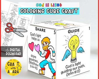 May include: A white cube craft with illustrations and text. The cube features the text "God is Light Coloring Cube Craft". Each side has a different theme, including "Share" and "Guide". A pair of scissors and a "Digital Download" label are also visible.