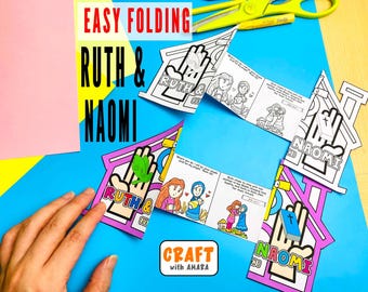 Może przedstawiać: Projekt rękodzieła z papieru zatytułowany EASY FOLDING RUTH & NAOMI, zawierający czarno-białe rysunki liniowe i kolorowe ilustracje postaci biblijnych. Zestaw zawiera wycinanki w kształcie domów, grafiki dłoni oraz panele tekstowe.