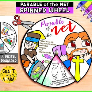 May include: A colorful spinner wheel with the text "Parable of the Net" and illustrations of a fishing net and fish. The wheel includes the text "DIGITAL DOWNLOAD" and "CRAFT with AMARA". The image also includes a smaller wheel with illustrations and text.