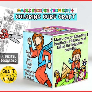 Puede incluir: Un cubo de colorear con el texto "Moses Escapes From Egypt + Coloring Cube Craft". El cubo presenta ilustraciones de Moisés y escenas de la historia. Incluye una opción de descarga digital.
