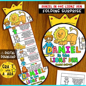 May include: A colorful paper craft featuring the story of Daniel in the Lion's Den. The design includes a lion, characters, and text from the Bible story. The craft is designed to fold and reveal the story.