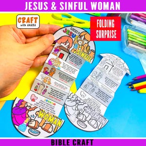 May include: A paper folding craft titled Jesus & Sinful Woman featuring a multi-panel accordion design with illustrations and text from Luke 7. One version is fully colored with vibrant hues, while the other is a black and white outline for coloring.