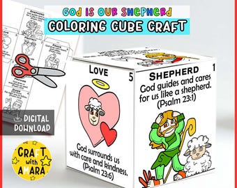 God is Our Shepherd Coloring Cube Craft: Christian Faith, Bible Lesson Study Guide Sunday School Church Activity, Memory Game, Bible Verse