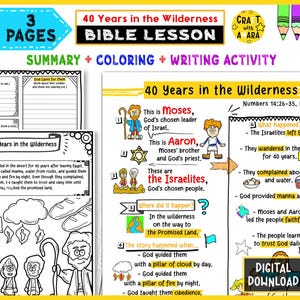 May include: A colorful Bible lesson worksheet titled "40 Years in the Wilderness." The educational resource includes summary, coloring, and writing activities. The pages feature illustrations of Moses, Aaron, and the Israelites, with text explaining key events.
