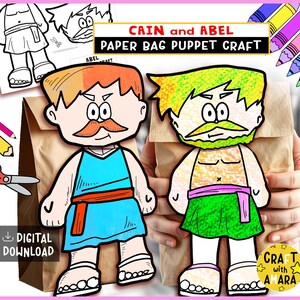 Può includere: Un progetto artigianale con burattini di carta di Caino e Abele. I burattini sono colorati, con illustrazioni in stile cartone animato. L'immagine include il testo "CAIN and ABEL PAPER BAG PUPPET CRAFT" e "DIGITAL DOWNLOAD".