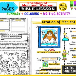May include: A colorful Bible lesson worksheet titled "Creation of Man and Woman." The pages include summary, coloring, and writing activities. The image features illustrations of God, Adam, Eve, and the Garden of Eden, with text that reads "Digital Download."