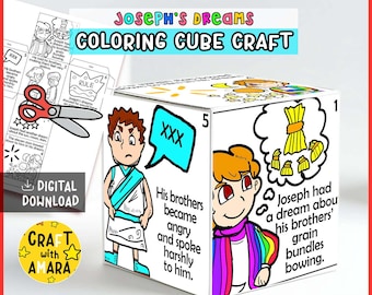May include: A paper colouring cube craft titled Joseph's Dreams featuring black and white line art illustrations of biblical scenes, including a character with a rainbow garment and grain bundles, with text describing the story and numbered sides.