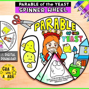 以下が含まれることがあります： 「Parable of the Yeast」のテキストとイラストが描かれたカラフルなスピナーホイール。ホイールには、中心人物、漫画のイーストキャラクター、そして「Even small things can make a difference when they grow」というテキストが描かれています。「Digital Download」のテキストも含まれています。