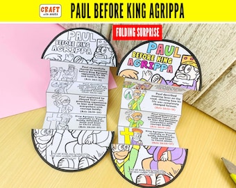 以下が含まれることがあります： 「Paul Before King Agrippa」と題された2つの折りたたみ式ペーパークラフト。一方は白黒、もう一方はカラーです。それぞれアコーディオン状に折りたたまれたパネルがあり、パウロの証言やイエスとの出会いなど、使徒言行録26章の聖書の出来事を説明するイラストとテキストが描かれています。
