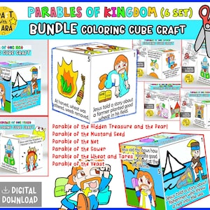 May include: A set of six printable coloring cube crafts titled Parables of Kingdom. Each cube features illustrations and text depicting biblical parables including the net, wheat and tares, mustard seed, yeast, hidden treasure, and pearl.