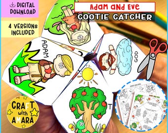 May include: A colorful, folded paper cootie catcher with illustrations of Adam and Eve, a tree, and the sun. Text includes "Adam and Eve Cootie Catcher," "Digital Download," and "Easy Craft for Bible Learning."
