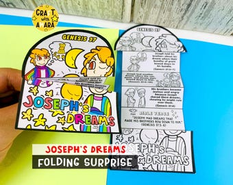 Puede incluir: Una colorida manualidad de papel plegable titulada "Joseph's Dreams". El diseño presenta ilustraciones y texto de Génesis 37, incluyendo el sueño de José y sus hermanos. La manualidad está decorada con estrellas y arcoíris.