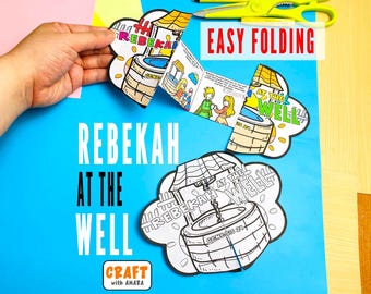 May include: A paper craft activity titled Rebekah at the Well featuring a black and white line drawing of a stone well with a roof and a chain. The craft includes a multi-panel accordion fold-out section with colorful illustrations of biblical scenes.
