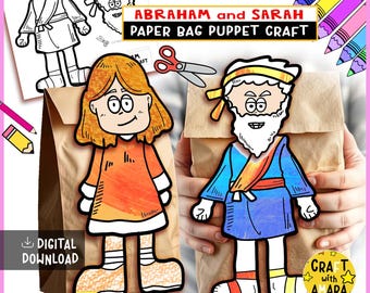 Può includere: Un progetto di artigianato con burattini di sacchetti di carta di Abramo e Sara. I burattini sono illustrazioni colorate attaccate a sacchetti di carta marrone. L'immagine include il testo "Abraham and Sarah Paper Bag Puppet Craft" e "Digital Download."