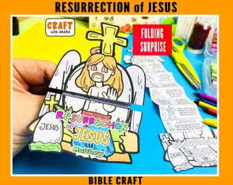 Peut inclure: Un projet de bricolage en papier intitulé Resurrection of Jesus présentant une illustration de Jésus avec une croix, un tombeau et une bande accordéon surprise pliante avec du texte et des dessins. L'artisanat inclut des contours colorés.